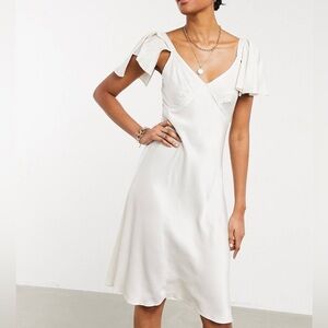 Ghost London Bridal satin midi dress with flutter sleeve in blue grey